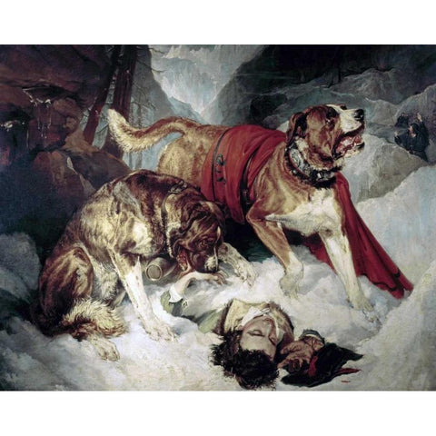 Alpine Mastiffs Reanimating a Distressed Traveller White Modern Wood Framed Art Print by Landseer, Sir Edwin