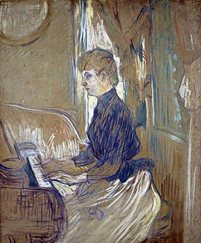 At the Piano, Madame Juliette Pascal in the Salon of the Malrome Palace White Modern Wood Framed Art Print with Double Matting by Toulouse-Lautrec, Henri