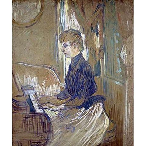 At the Piano, Madame Juliette Pascal in the Salon of the Malrome Palace Black Modern Wood Framed Art Print by Toulouse-Lautrec, Henri