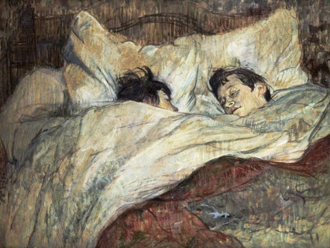 Le Lit White Modern Wood Framed Art Print with Double Matting by Toulouse-Lautrec, Henri