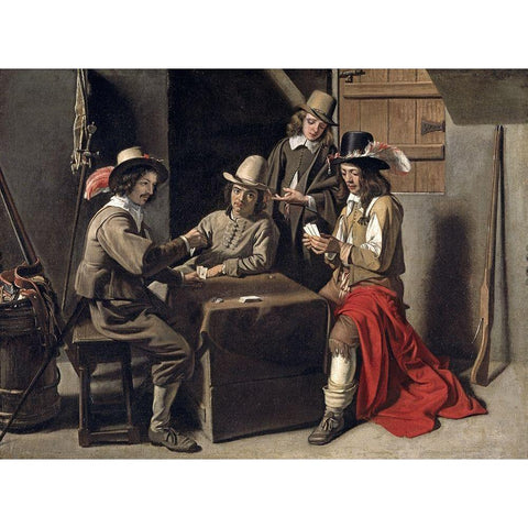 Soldiers Playing Cards Gold Ornate Wood Framed Art Print with Double Matting by Le Nain, Louis