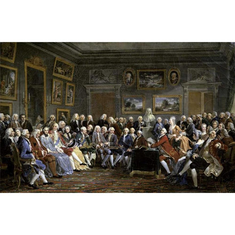 Reading of The Tragedy of Voltaire In Thesalon of Mrs. Jeoffrin White Modern Wood Framed Art Print by Lemonnier, Anicet Charles Gabriel