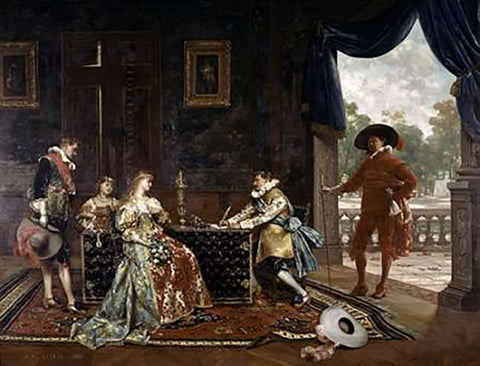 Signing a Marriage Contract at Court of Louis XIV White Modern Wood Framed Art Print with Double Matting by Lesrel, Adolphe Alexandre