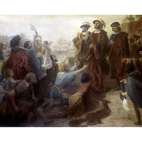 Return of Columbus In Chains To Cadiz Black Modern Wood Framed Art Print with Double Matting by Leutze, Emanuel