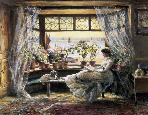 Reading by the Window, Hastings Black Ornate Wood Framed Art Print with Double Matting by Lewis, Charles James
