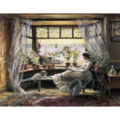 Reading by the Window, Hastings Gold Ornate Wood Framed Art Print with Double Matting by Lewis, Charles James