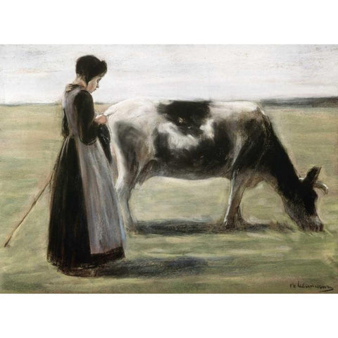Das Madchen Mit Der Kuh Black Modern Wood Framed Art Print with Double Matting by Liebermann, Max