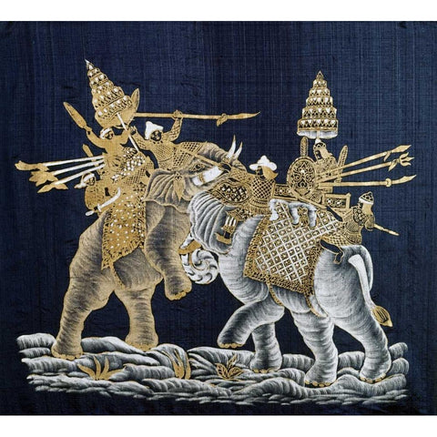 Duelling War Elephants Gold Ornate Wood Framed Art Print with Double Matting by Limatibul, Surint