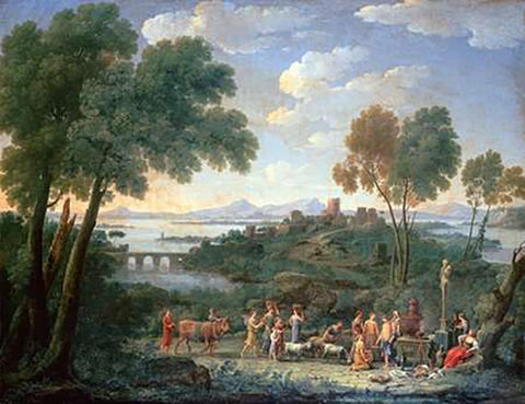 Italian Landscape With Sacrifice White Modern Wood Framed Art Print with Double Matting by Van Lint, Hendrik Frans