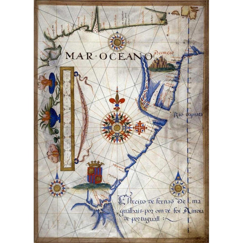 Mar Oceano - Portolan Atlas Illumination Gold Ornate Wood Framed Art Print with Double Matting by Lopes, Sebastiano