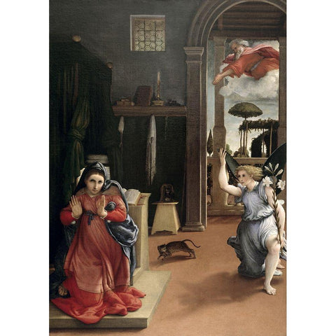 Annunciation Black Modern Wood Framed Art Print with Double Matting by Lotto, Lorenzo