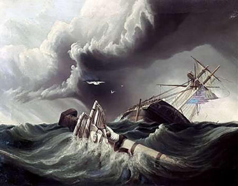 Wreck of An American War-Sloop Black Ornate Wood Framed Art Print with Double Matting by Lowell, J.