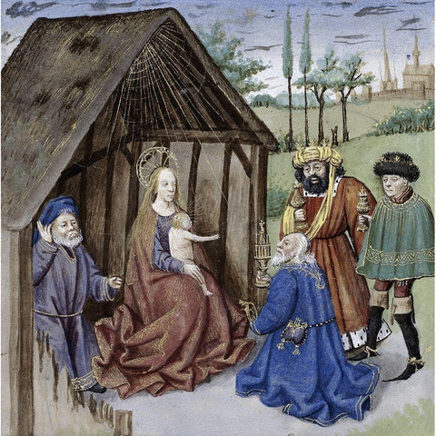 Nativity With Three Kings Black Modern Wood Framed Art Print by Ludolf of Saxony,