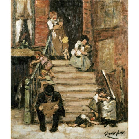 On The Steps Gold Ornate Wood Framed Art Print with Double Matting by Luks, George Benjamin