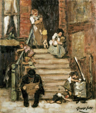 On The Steps White Modern Wood Framed Art Print with Double Matting by Luks, George Benjamin