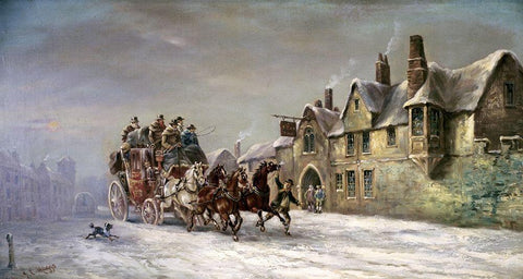 Salisbury In Winter: Coach Arrives at The Star Inn Black Ornate Wood Framed Art Print with Double Matting by Maggs, John Charles