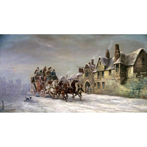 Salisbury In Winter: Coach Arrives at The Star Inn Black Modern Wood Framed Art Print with Double Matting by Maggs, John Charles