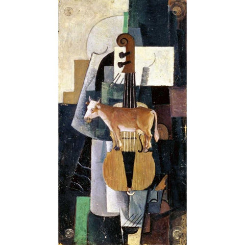 Cow and Violin, 1913 White Modern Wood Framed Art Print by Malevich, Kazimir