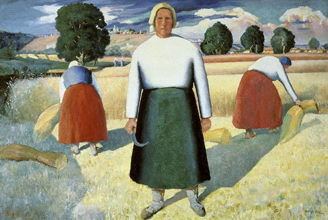 Female Farmers White Modern Wood Framed Art Print with Double Matting by Malevich, Kazimir