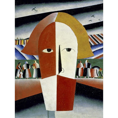 Peasants Head Black Modern Wood Framed Art Print with Double Matting by Malevich, Kazimir