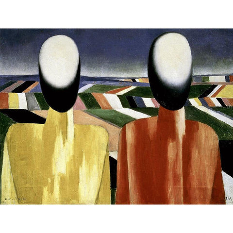 Two Farmers Black Modern Wood Framed Art Print with Double Matting by Malevich, Kazimir