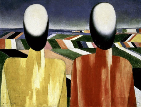 Two Farmers White Modern Wood Framed Art Print with Double Matting by Malevich, Kazimir