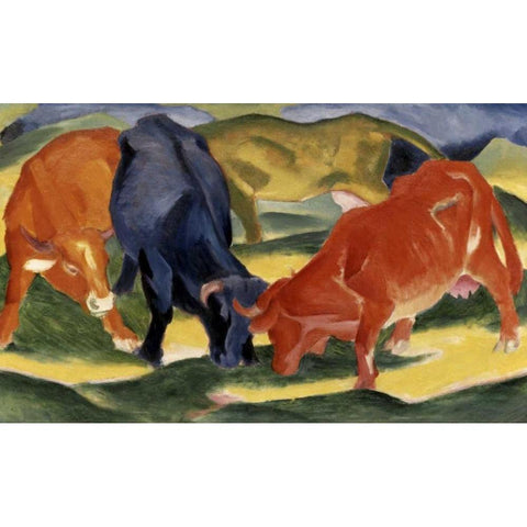 Fighting Cows Black Modern Wood Framed Art Print with Double Matting by Marc, Franz