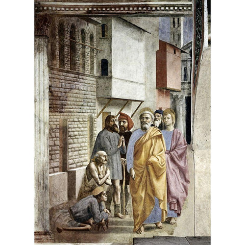 Saint Peter Following Saint John As He Heals The Sick With His Shadow White Modern Wood Framed Art Print by Masaccio,