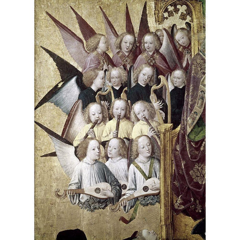 The Coronation of The Virgin (Detail): Choir of Angels White Modern Wood Framed Art Print by Master of Life of the Virgin,