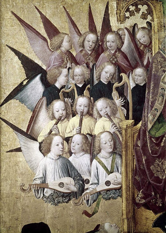 The Coronation of The Virgin (Detail): Choir of Angels Black Ornate Wood Framed Art Print with Double Matting by Master of Life of the Virgin,