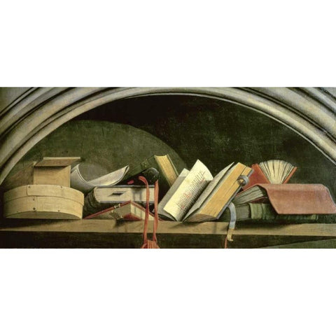 Still Life: Shelf With Books Black Modern Wood Framed Art Print by Masters of the Aix Annuniciation