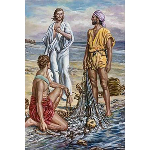 Jesus and The Fishermen Black Modern Wood Framed Art Print with Double Matting by Matania, Fortunino