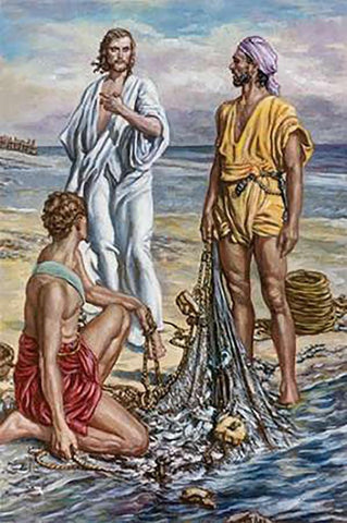 Jesus and The Fishermen White Modern Wood Framed Art Print with Double Matting by Matania, Fortunino