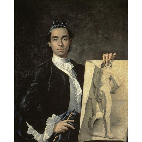 Portrait of The Artist Holding a Life Study White Modern Wood Framed Art Print by Melendez, Luis Egidio