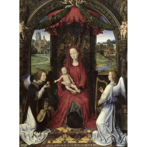 Madonna and Child With Two Angels White Modern Wood Framed Art Print by Memling, Hans