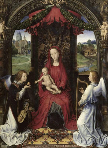 Madonna and Child With Two Angels Black Ornate Wood Framed Art Print with Double Matting by Memling, Hans