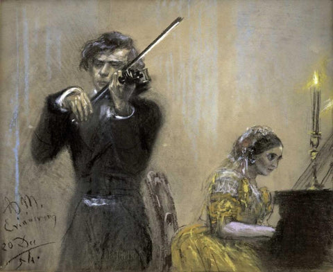 A Violinist and Clara Schumann Black Ornate Wood Framed Art Print with Double Matting by Von Menzel, Adolf