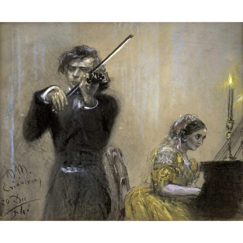 A Violinist and Clara Schumann White Modern Wood Framed Art Print by Von Menzel, Adolf