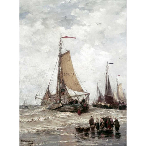 Fisherman On The Beach Gold Ornate Wood Framed Art Print with Double Matting by Mesdag, Hendrik Willem
