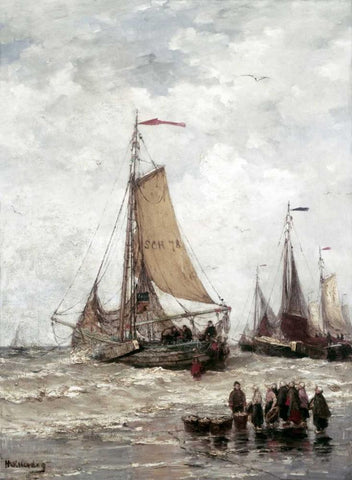 Fisherman On The Beach Black Ornate Wood Framed Art Print with Double Matting by Mesdag, Hendrik Willem