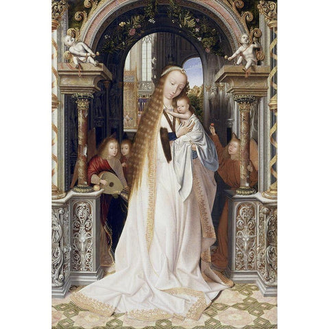 Virgin and Infant With Three Angels Gold Ornate Wood Framed Art Print with Double Matting by Metsys, Quinten
