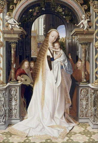 Virgin and Infant With Three Angels White Modern Wood Framed Art Print with Double Matting by Metsys, Quinten