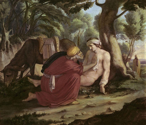 Merciful Samaritan Black Ornate Wood Framed Art Print with Double Matting by Milde, Karl Julius