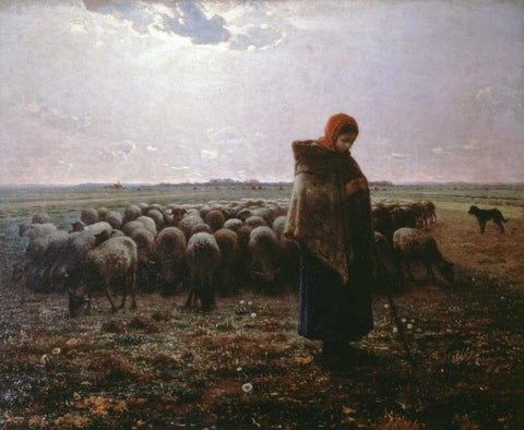 Pasture White Modern Wood Framed Art Print with Double Matting by Millet, Jean-Francois