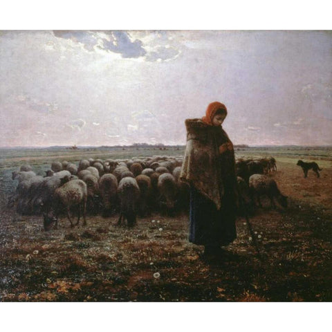 Pasture White Modern Wood Framed Art Print by Millet, Jean-Francois