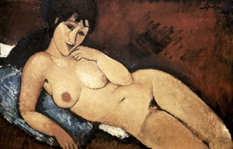 Nude on a Blue Cushion White Modern Wood Framed Art Print with Double Matting by Modigliani, Amedeo