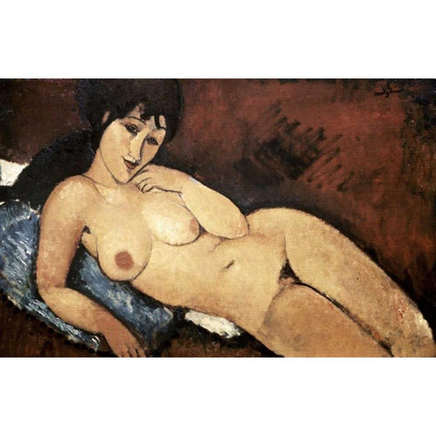 Nude on a Blue Cushion Black Modern Wood Framed Art Print by Modigliani, Amedeo