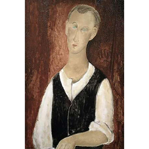 Young Man With a Black Vest Black Modern Wood Framed Art Print by Modigliani, Amedeo