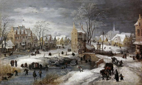 A Village In Winter White Modern Wood Framed Art Print with Double Matting by De Momper, Joos the Younger