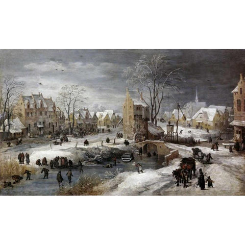 A Village In Winter Black Modern Wood Framed Art Print by De Momper, Joos the Younger